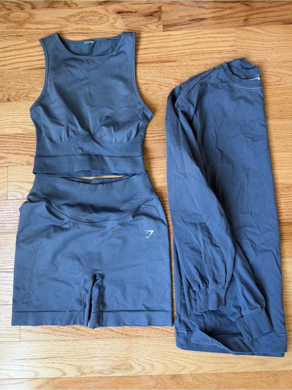 Gymshark slate blue High-Waist Bike Shorts, Crop Tank and Long Sleeve Set